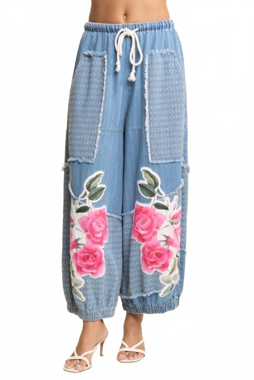 NEW DAVI & DANI denim flower patchwork pants in blue